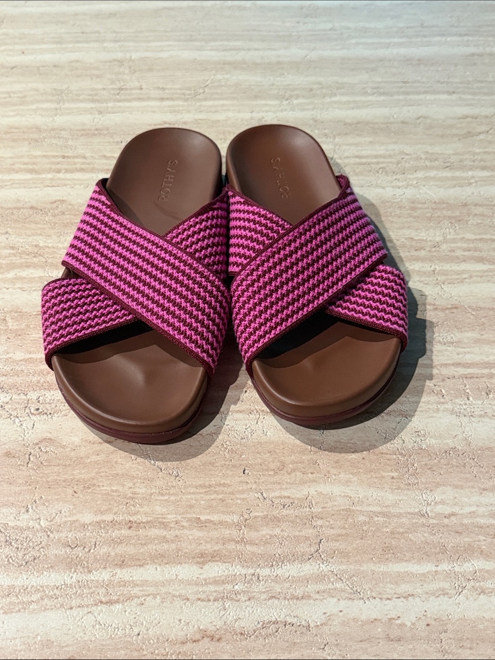Rothy's Pink and Brown Crisscross Slide Sandals